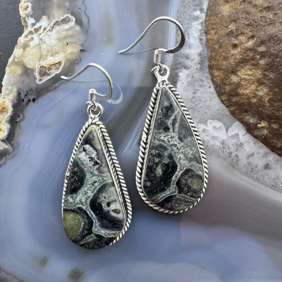 Sterling Southwestern Style Teardrop Kambaba Jasper Dangle Earrings For Women - Picture 1 of 10